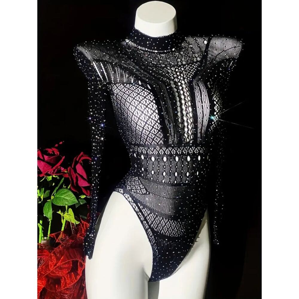Club Rave Festival Sheer Elegant Black Rhinestone Long Sleeve Bodysuit- one size